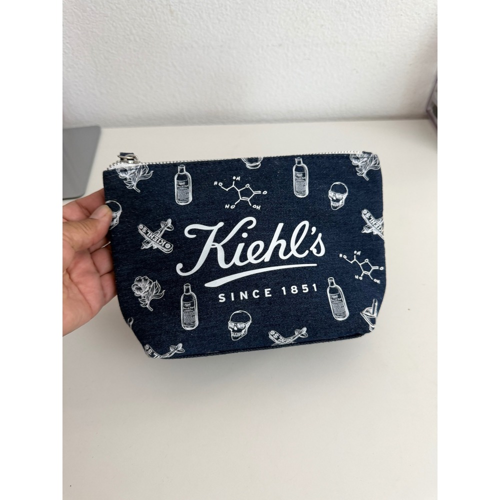 Kiehls Since 1851 Denim Cosmetic Bag Skulls Apothecary Print Travel Pouch Blue